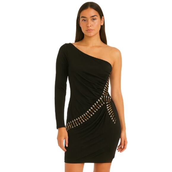 Forever 21 One Shoulder Black Beaded Stretch Dress EUC Size Small - Picture 1 of 4